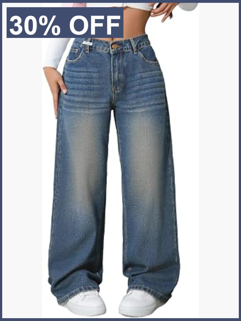 Baggy Wide Leg Jeans Elastic Waist Mid Rise Y2k Denim Pants With Pockets